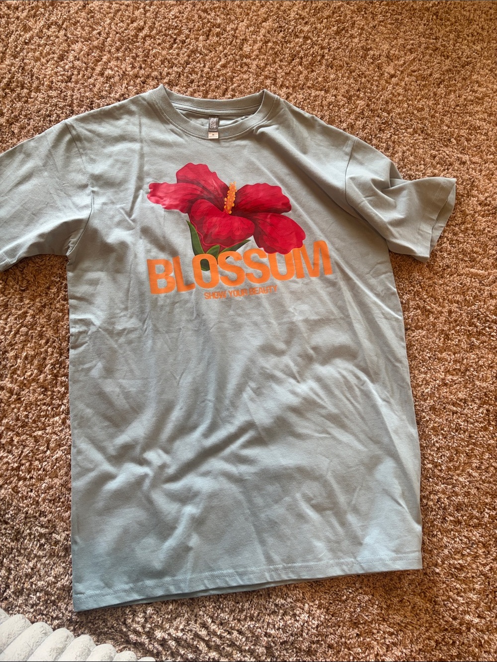 Blossum Light Blue Short Sleeve Tee with Red Hibiscus Graphic